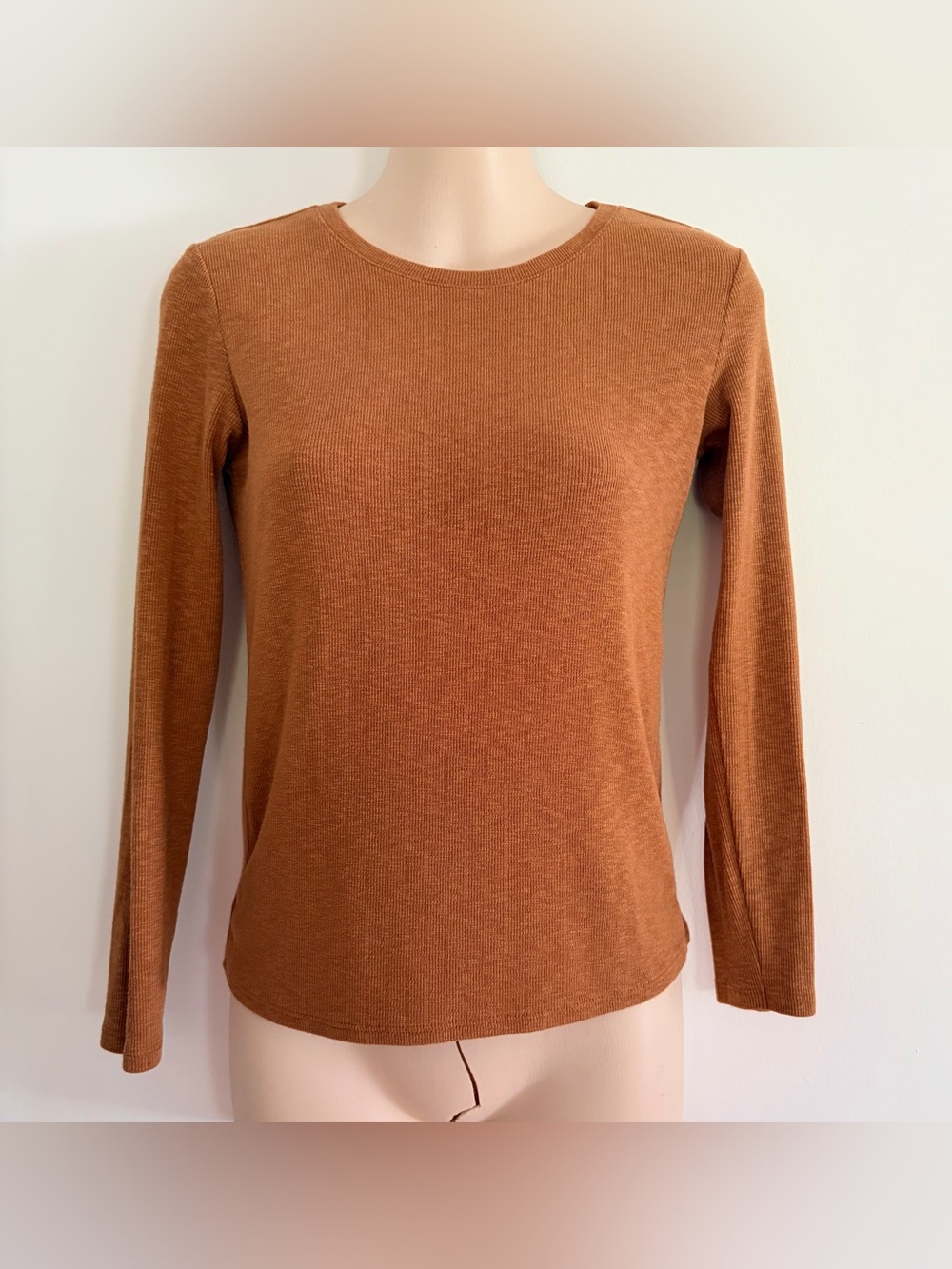 JOIE Classic Women's Crewneck Long Sleeve Ribbed Top - Camel Brown - SOFT!